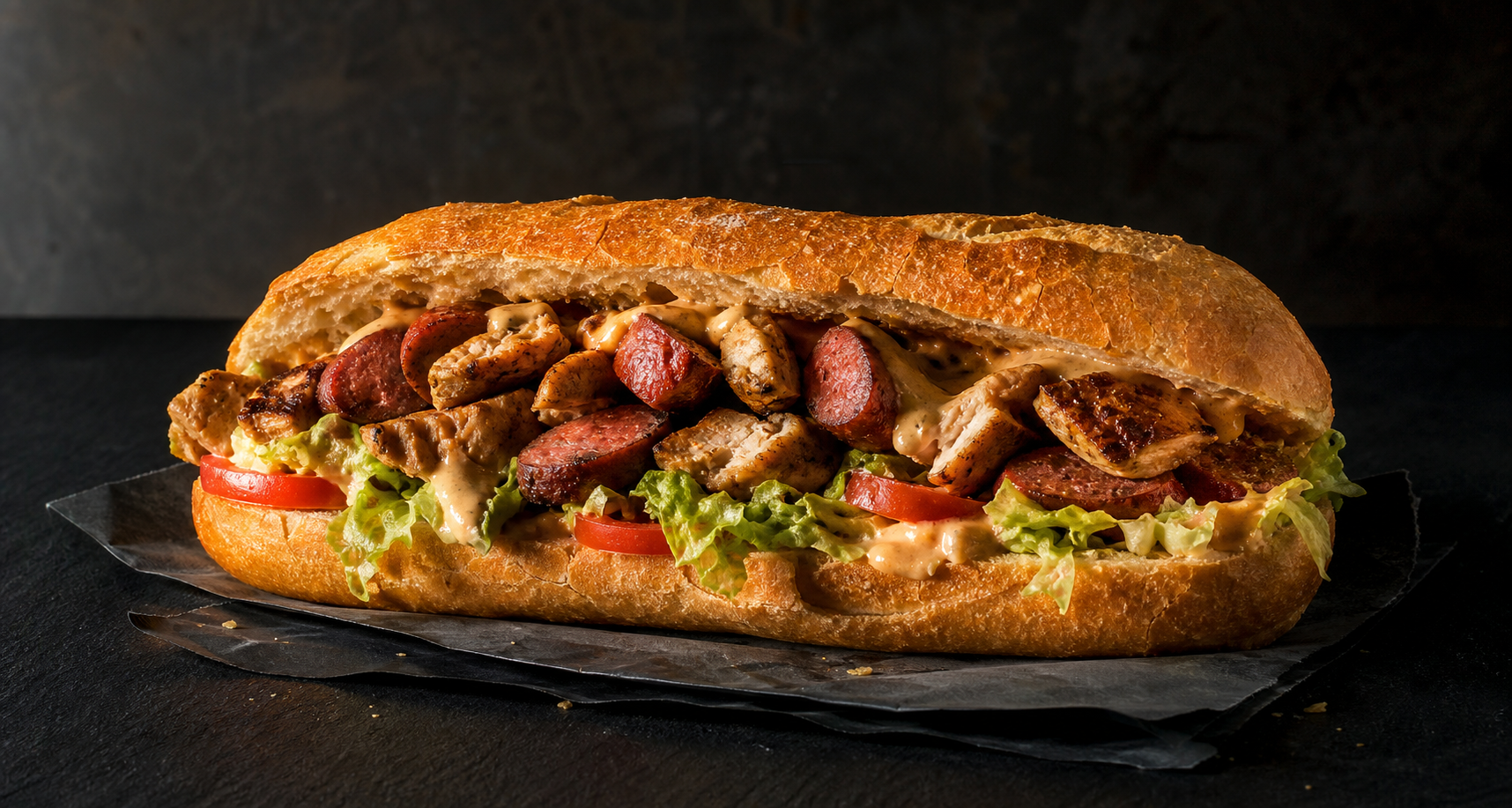 Sandwich généreux au poulet et merguez