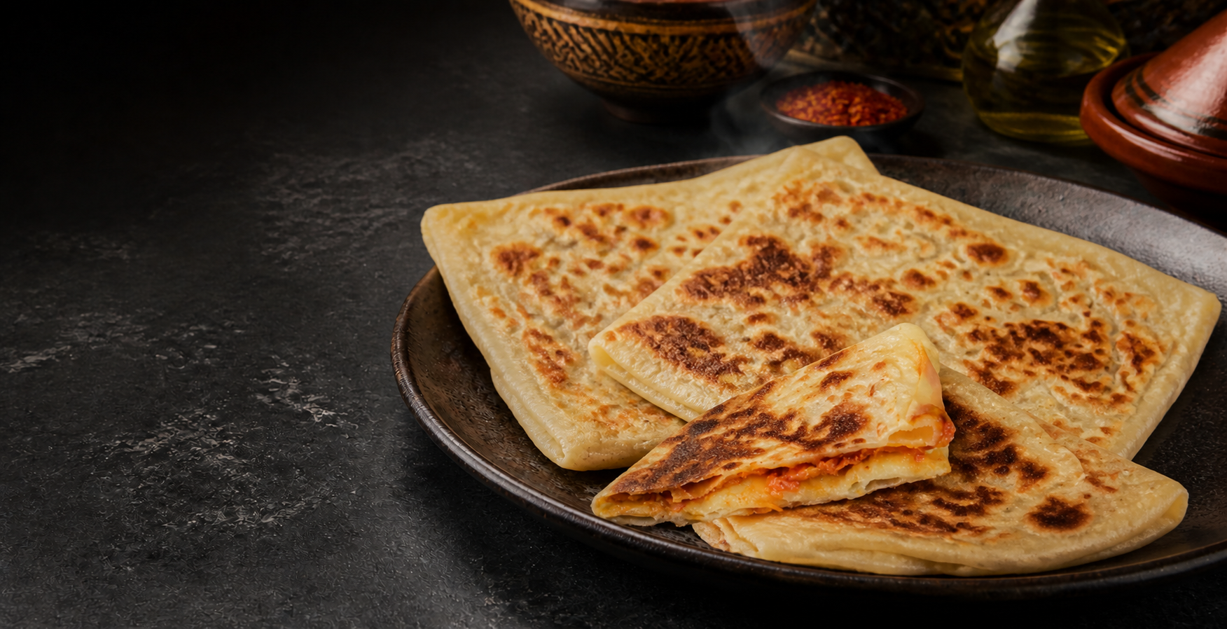 Mahjouba maison garnie de tomate, oignon et poivron